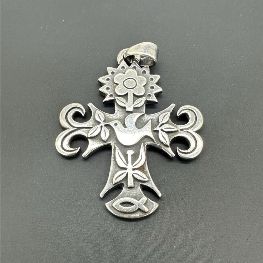 RETIRED James Avery Silver Cross Pendant with Dove and Floral Design